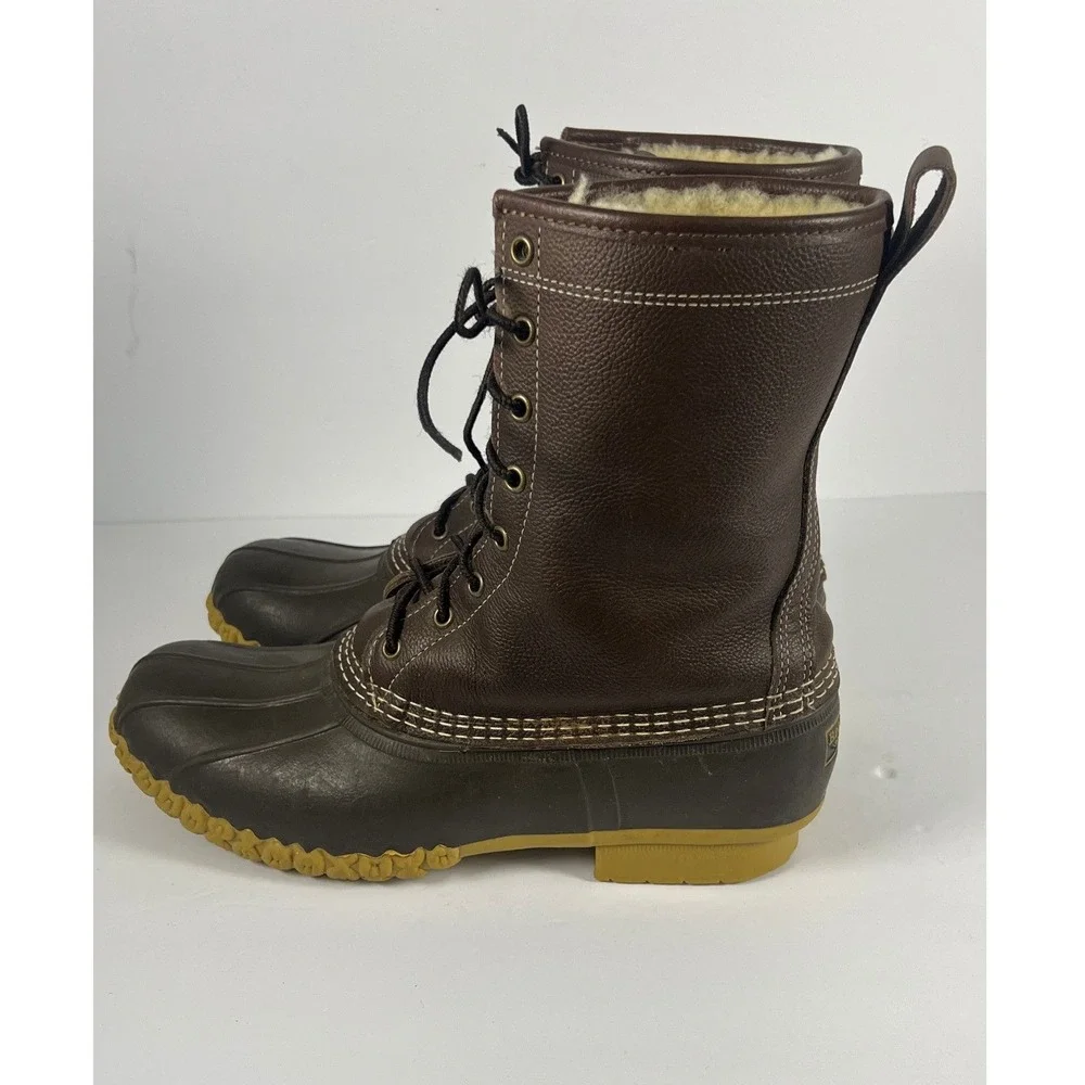 LL Bean Shearling Lined Bean Boots Mens 10M Brown Leather Duck Boots 1003580 USA